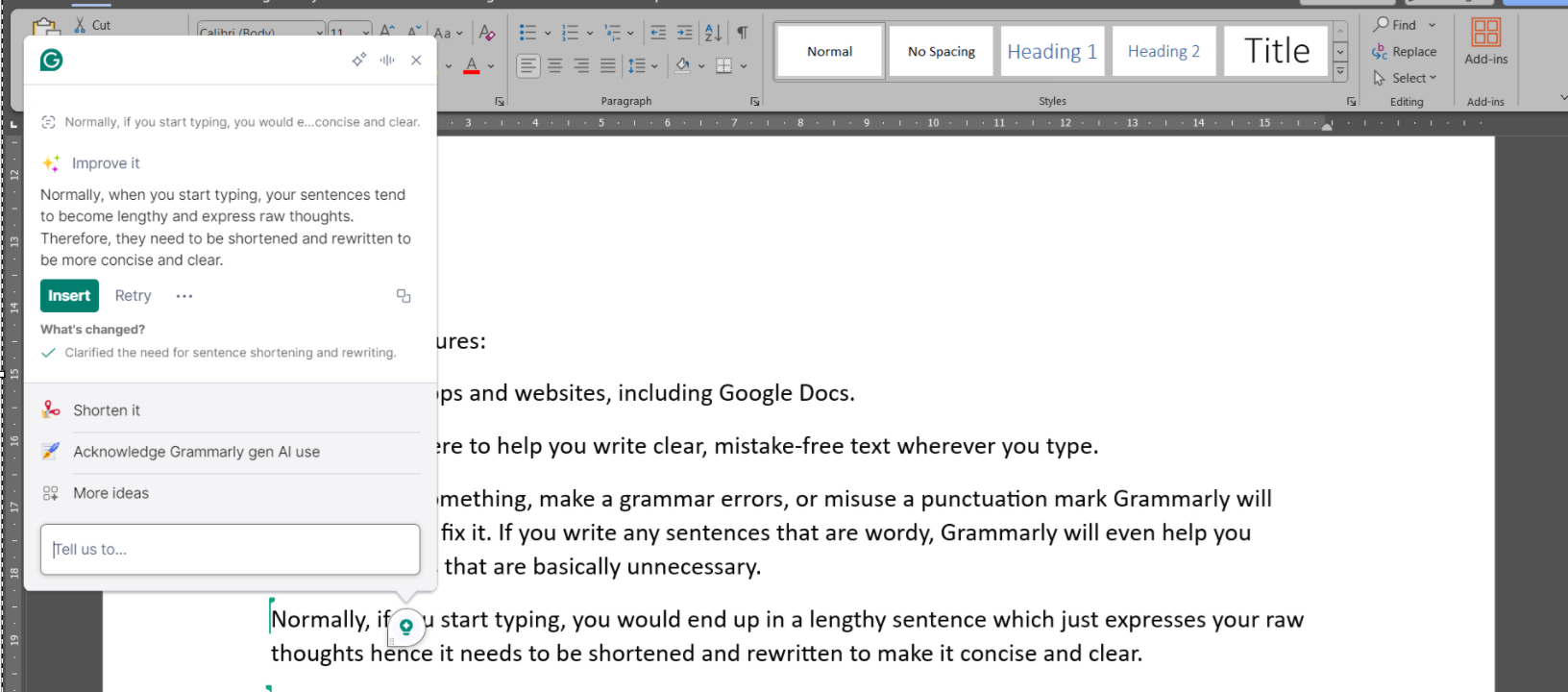 Grammarly improving a sentence.